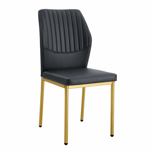 Conjunto de 4 cadeiras de jantar - Estilo leve e luxuoso, encosto em PU preto com gravação vertical + pernas metálicas douradas - Preto+Dourado