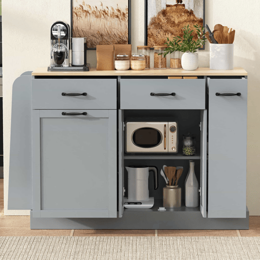 Aparador moderno com gavetas de diferentes tamanhos e compartimento para caixote do lixo com prateleira externa para especiarias para cozinha, sala de estar e sala de jantar - Cinza
