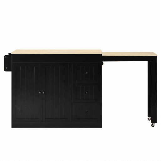 Ilha de cozinha 130 cm - com rodas, área de jantar extensível, prateleira para especiarias e gavetas, ilha de cozinha móvel independente - Preto