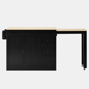 Ilha de cozinha 130 cm - com rodas, área de jantar extensível, prateleira para especiarias e gavetas, ilha de cozinha móvel independente - Preto