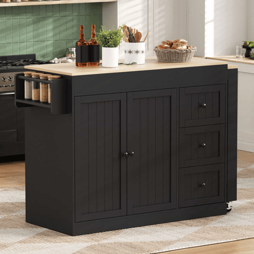Ilha de cozinha 130 cm - com rodas, área de jantar extensível, prateleira para especiarias e gavetas, ilha de cozinha móvel independente - Preto