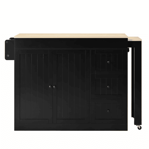 Ilha de cozinha 130 cm - com rodas, área de jantar extensível, prateleira para especiarias e gavetas, ilha de cozinha móvel independente - Preto