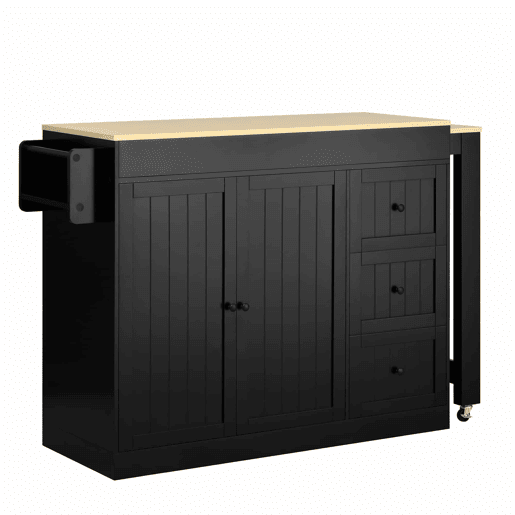 Ilha de cozinha 130 cm - com rodas, área de jantar extensível, prateleira para especiarias e gavetas, ilha de cozinha móvel independente - Preto