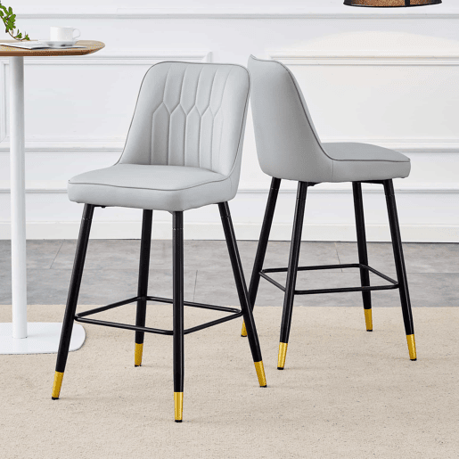 2º conjunto de bancos de bar, 100 cm - couro PU cinza claro com estrutura metálica preta e apoio para os pés confortável - Preto, Cinza Claro