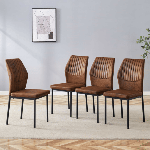 Conjunto de 4 cadeiras de jantar estilo leve-luxuoso - Encosto castanho em tecido técnico com padrão vertical + pernas em metal preto