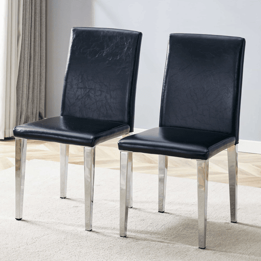 Conjunto de 2 cadeiras de jantar - design minimalista em couro sintético PU com pernas metálicas - preto e prateado