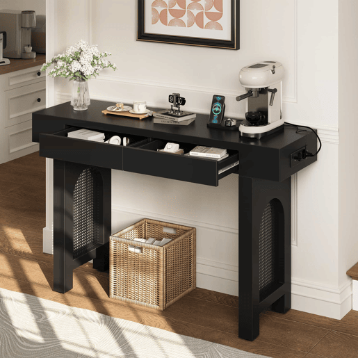 Consola de entrada estreita - com gavetas, régua com tomadas, design em grelha e pés ajustáveis - Preto