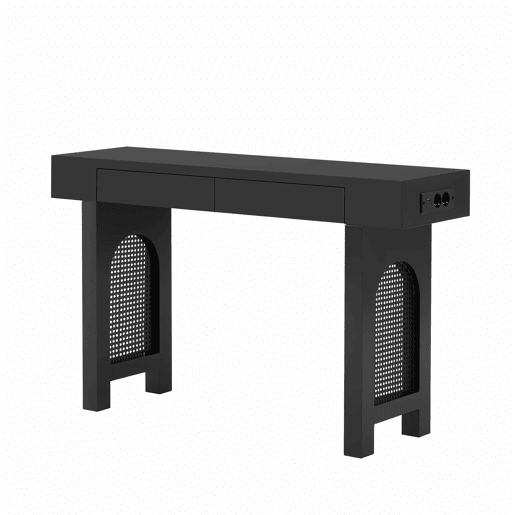 Consola de entrada estreita - com gavetas, régua com tomadas, design em grelha e pés ajustáveis - Preto