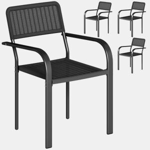 Outsunny Conjunto de 4 Cadeiras de Jardim Empilháveis Cadeiras de Jantar para Exterior Efeito Vime com Apoios de Braços Estrutura de Aço Resistente às Intempéries e Leve 55x60x83 cm Preto