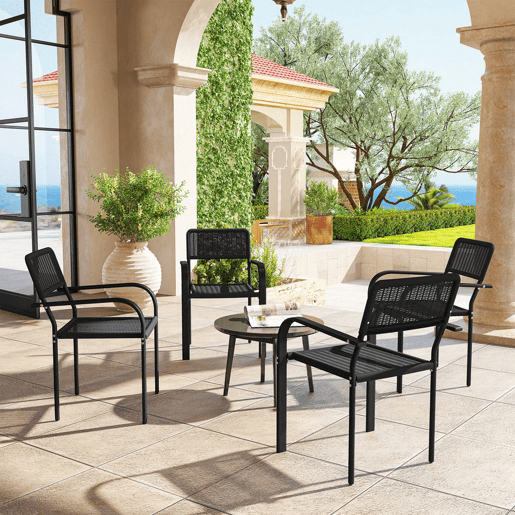 Outsunny Conjunto de 4 Cadeiras de Jardim Empilháveis Cadeiras de Jantar para Exterior Efeito Vime com Apoios de Braços Estrutura de Aço Resistente às Intempéries e Leve 55x60x83 cm Preto