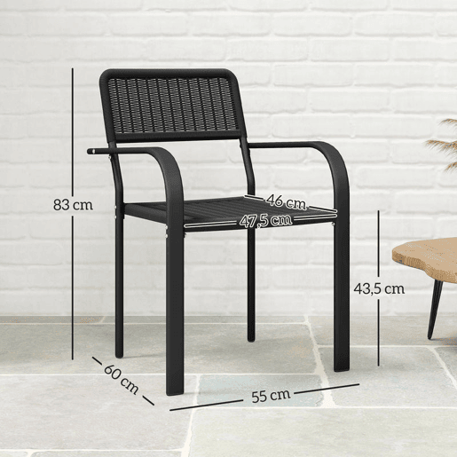 Outsunny Conjunto de 4 Cadeiras de Jardim Empilháveis Cadeiras de Jantar para Exterior Efeito Vime com Apoios de Braços Estrutura de Aço Resistente às Intempéries e Leve 55x60x83 cm Preto