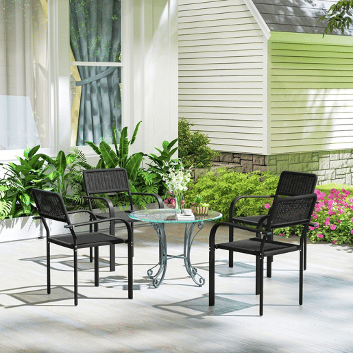 Outsunny Conjunto de 4 Cadeiras de Jardim Empilháveis Cadeiras de Jantar para Exterior Efeito Vime com Apoios de Braços Estrutura de Aço Resistente às Intempéries e Leve 55x60x83 cm Preto