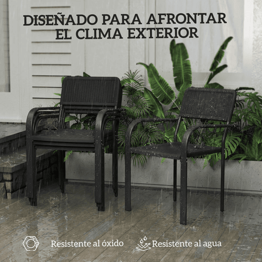 Outsunny Conjunto de 4 Cadeiras de Jardim Empilháveis Cadeiras de Jantar para Exterior Efeito Vime com Apoios de Braços Estrutura de Aço Resistente às Intempéries e Leve 55x60x83 cm Preto