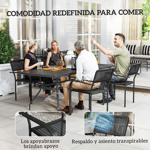 Outsunny Conjunto de 4 Cadeiras de Jardim Empilháveis Cadeiras de Jantar para Exterior Efeito Vime com Apoios de Braços Estrutura de Aço Resistente às Intempéries e Leve 55x60x83 cm Preto
