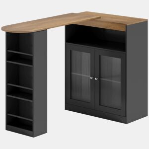 HOMCOM Mesa de Bar Extensível e Giratória 360° Mesa Alta de Cozinha com Prateleiras Abertas e 2 Portas de Vidro 150x80x105,5 cm Preto e Madeira