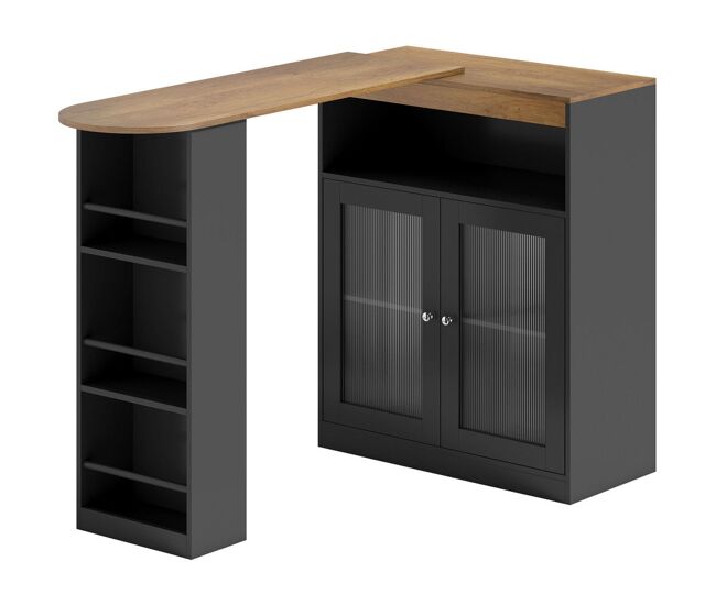 Homcom mesa de bar extensible y giratoria 90°, mesa alta cocina con estantes abiertos y 2 puertas de vidrio para comedor, 150x80x105,5 cm, negro y natural