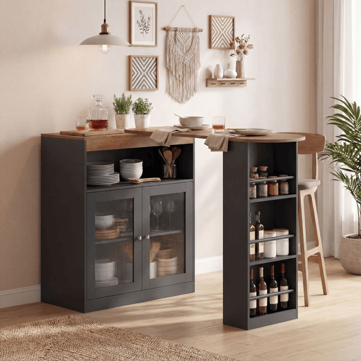 HOMCOM Mesa de Bar Extensível e Giratória 360° Mesa Alta de Cozinha com Prateleiras Abertas e 2 Portas de Vidro 150x80x105,5 cm Preto e Madeira