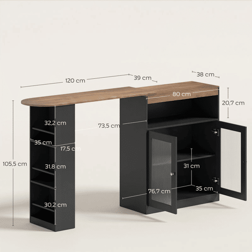 HOMCOM Mesa de Bar Extensível e Giratória 360° Mesa Alta de Cozinha com Prateleiras Abertas e 2 Portas de Vidro 150x80x105,5 cm Preto e Madeira