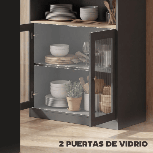 HOMCOM Mesa de Bar Extensível e Giratória 360° Mesa Alta de Cozinha com Prateleiras Abertas e 2 Portas de Vidro 150x80x105,5 cm Preto e Madeira