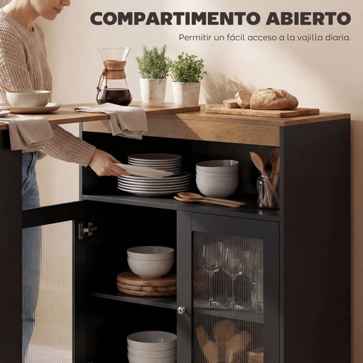HOMCOM Mesa de Bar Extensível e Giratória 360° Mesa Alta de Cozinha com Prateleiras Abertas e 2 Portas de Vidro 150x80x105,5 cm Preto e Madeira