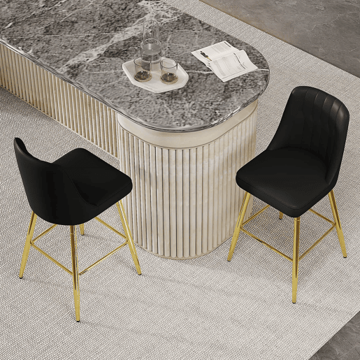 Conjunto de 2 bancos de bar 100 cm - Couro PU preto com estrutura metálica prateada e apoio para os pés confortável - Preto e dourado