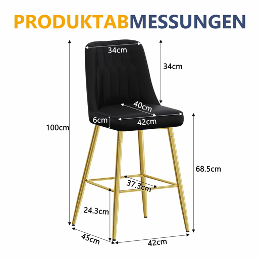 Conjunto de 2 bancos de bar 100 cm - Couro PU preto com estrutura metálica prateada e apoio para os pés confortável - Preto e dourado