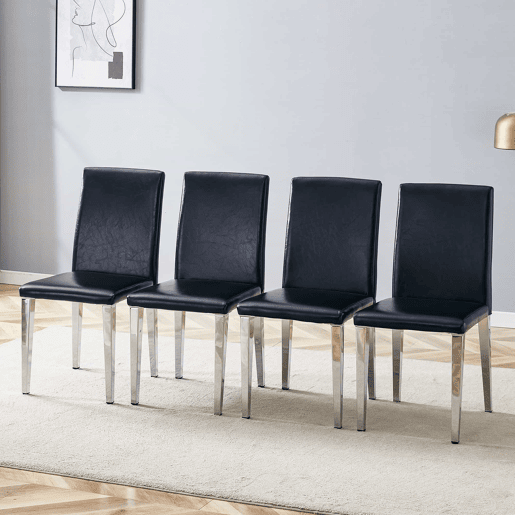 Cadeiras de sala de jantar, 4 unidades - design minimalista de luxo europeu leve, assento em pele sintética preta e pernas metálicas prateadas - preto e prateado