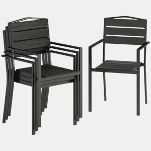 Outsunny Conjunto de 4 Cadeiras de Jardim Empilháveis para Exterior com Apoios de Braços, Encosto e Assento em HDPE com Ripas, Estrutura Metálica Resistente 52x51x90 cm Preto