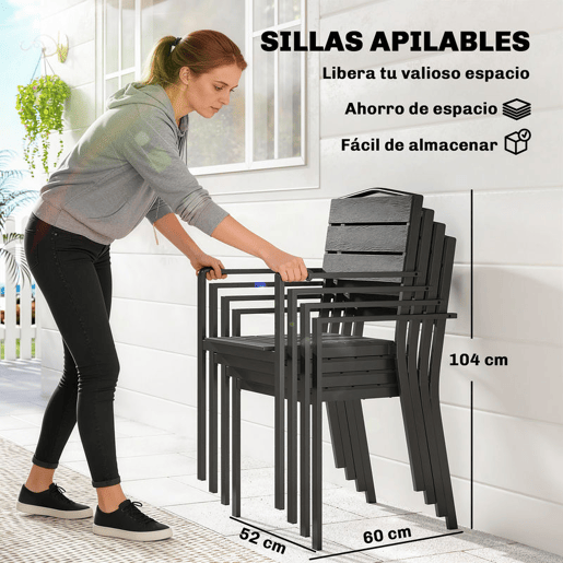 Outsunny Conjunto de 4 Cadeiras de Jardim Empilháveis para Exterior com Apoios de Braços, Encosto e Assento em HDPE com Ripas, Estrutura Metálica Resistente 52x51x90 cm Preto