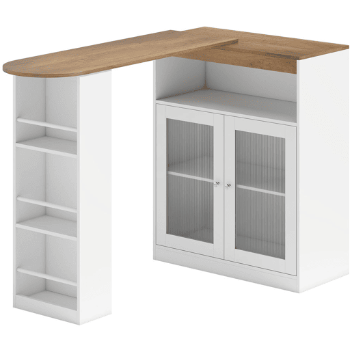 HOMCOM Mesa de Bar Extensível e Rotativa 360°, Mesa Alta de Cozinha com Prateleiras Abertas e 2 Portas de Vidro para Sala de Jantar, 150x80x105,5 cm, Branco e Madeira