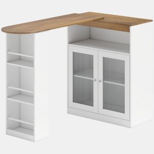 HOMCOM Mesa de Bar Extensível e Rotativa 360°, Mesa Alta de Cozinha com Prateleiras Abertas e 2 Portas de Vidro para Sala de Jantar, 150x80x105,5 cm, Branco e Madeira