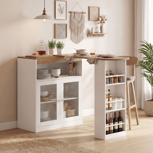 HOMCOM Mesa de Bar Extensível e Rotativa 360°, Mesa Alta de Cozinha com Prateleiras Abertas e 2 Portas de Vidro para Sala de Jantar, 150x80x105,5 cm, Branco e Madeira