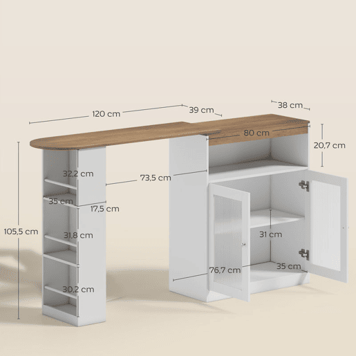 HOMCOM Mesa de Bar Extensível e Rotativa 360°, Mesa Alta de Cozinha com Prateleiras Abertas e 2 Portas de Vidro para Sala de Jantar, 150x80x105,5 cm, Branco e Madeira