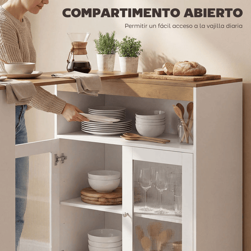 HOMCOM Mesa de Bar Extensível e Rotativa 360°, Mesa Alta de Cozinha com Prateleiras Abertas e 2 Portas de Vidro para Sala de Jantar, 150x80x105,5 cm, Branco e Madeira