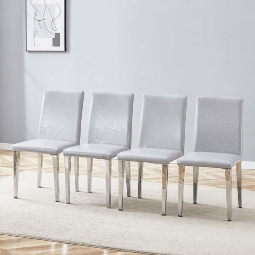 Cadeiras de sala de jantar, 4 unidades - design minimalista europeu, estofadas em PU cinza claro texturizado e pernas metálicas prateadas - Cinza Claro e Prata