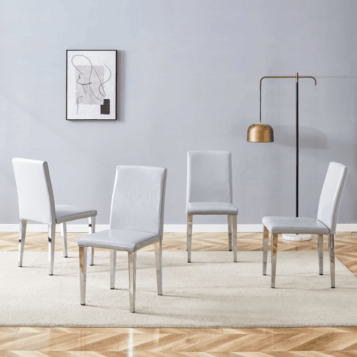 Cadeiras de sala de jantar, 4 unidades - design minimalista europeu, estofadas em PU cinza claro texturizado e pernas metálicas prateadas - Cinza Claro e Prata