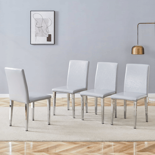 Cadeiras de sala de jantar, 4 unidades - design minimalista europeu, estofadas em PU cinza claro texturizado e pernas metálicas prateadas - Cinza Claro e Prata