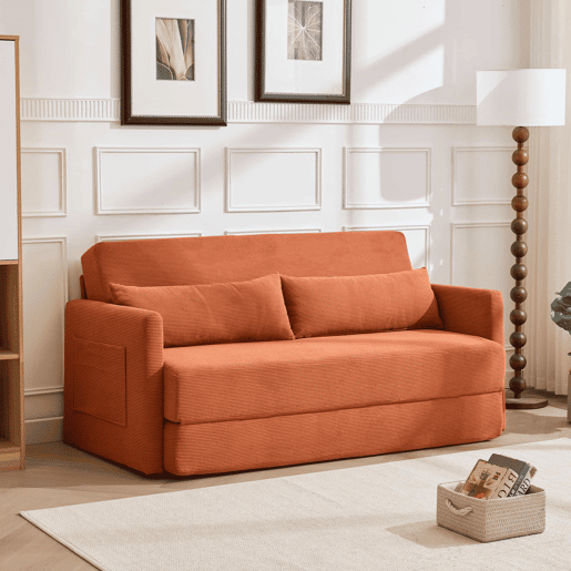 Sofá-cama de 2 lugares 165 x 92 x 82 cm - sofá dobrável 2 em 1, tecido de veludo cotelê, com 2 almofadas lombares e 2 bolsos laterais - laranja Sofá-cama de 2 lugares 165 x 92 x 82 cm - sofá dobrável 2 em 1, tecido de veludo cotelê, com 2 almofadas lombares e 2 bolsos laterais - laranja