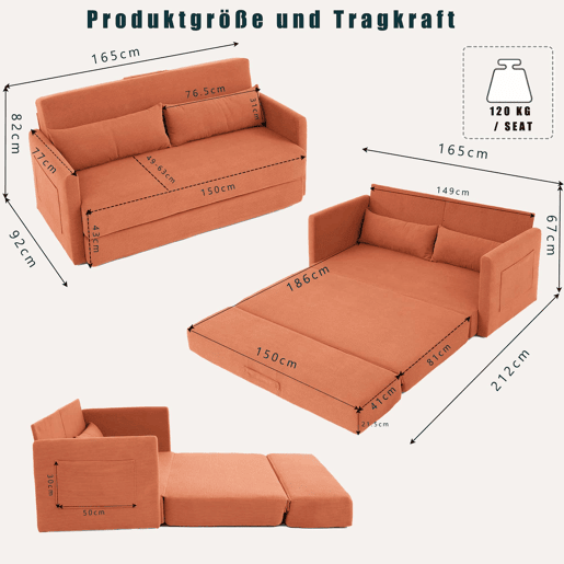 Sofá-cama de 2 lugares 165 x 92 x 82 cm - sofá dobrável 2 em 1, tecido de veludo cotelê, com 2 almofadas lombares e 2 bolsos laterais - laranja Sofá-cama de 2 lugares 165 x 92 x 82 cm - sofá dobrável 2 em 1, tecido de veludo cotelê, com 2 almofadas lombares e 2 bolsos laterais - laranja