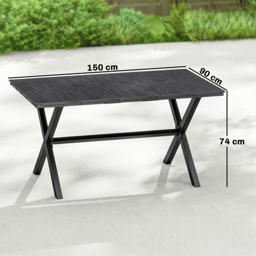 Outsunny Mesa de Jantar Retangular para Jardim, Mesa Exterior 150x90x74 cm com Tampo de HDPE Efeito Ripas e Estrutura Metálica para 6 Pessoas, Suporta até 50 kg, Preto
