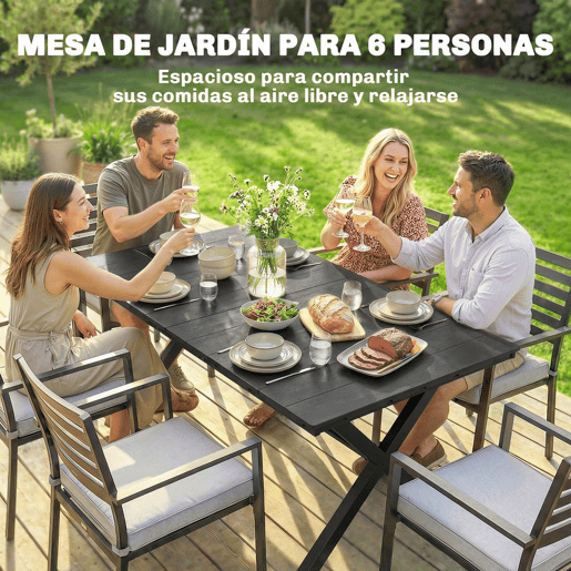 Outsunny Mesa de Jantar Retangular para Jardim, Mesa Exterior 150x90x74 cm com Tampo de HDPE Efeito Ripas e Estrutura Metálica para 6 Pessoas, Suporta até 50 kg, Preto