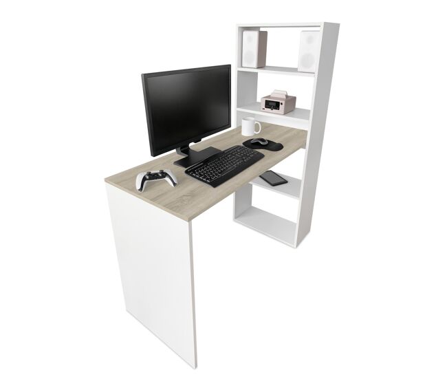 Escritorio urban con estantería | color blanco y cambria | diseño moderno y funcional | 122x140x53 cm