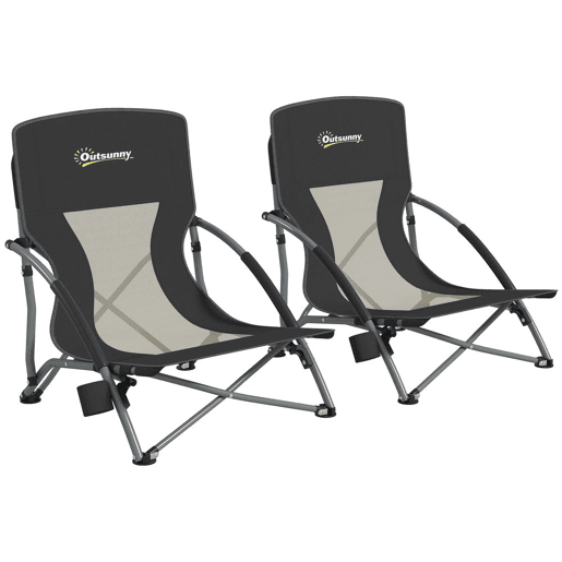Outsunny Pack de 2 Cadeiras de Praia Dobráveis Leves Cadeiras de Campismo Portáteis Baixas com Encosto de Malha Tecido Oxford 600D Porta-copos Apoio de Braços Bolsa para Campismo Suporta até 120 kg Preto