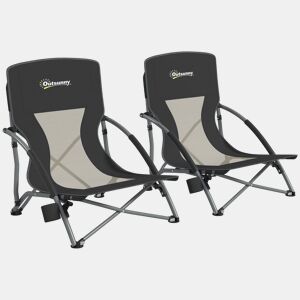 Outsunny Pack de 2 Cadeiras de Praia Dobráveis Leves Cadeiras de Campismo Portáteis Baixas com Encosto de Malha Tecido Oxford 600D Porta-copos Apoio de Braços Bolsa para Campismo Suporta até 120 kg Preto