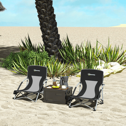 Outsunny Pack de 2 Cadeiras de Praia Dobráveis Leves Cadeiras de Campismo Portáteis Baixas com Encosto de Malha Tecido Oxford 600D Porta-copos Apoio de Braços Bolsa para Campismo Suporta até 120 kg Preto