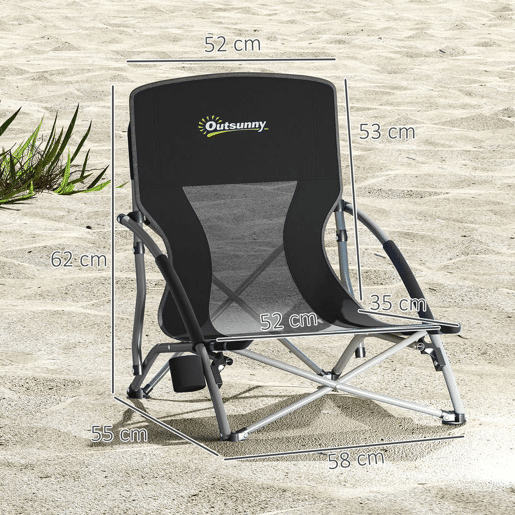 Outsunny Pack de 2 Cadeiras de Praia Dobráveis Leves Cadeiras de Campismo Portáteis Baixas com Encosto de Malha Tecido Oxford 600D Porta-copos Apoio de Braços Bolsa para Campismo Suporta até 120 kg Preto