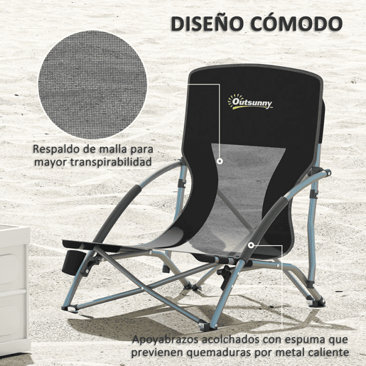 Outsunny Pack de 2 Cadeiras de Praia Dobráveis Leves Cadeiras de Campismo Portáteis Baixas com Encosto de Malha Tecido Oxford 600D Porta-copos Apoio de Braços Bolsa para Campismo Suporta até 120 kg Preto
