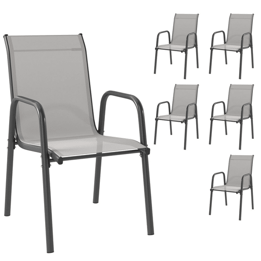 Outsunny Conjunto de 6 Cadeiras de Jardim Empilháveis Cadeiras de Exterior com Apoio de Braços Assento e Encosto em Malha Respiráveis Estrutura Metálica Resistente 51x69x87 cm Cinza