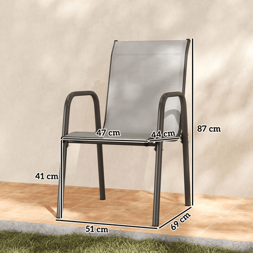 Outsunny Conjunto de 6 Cadeiras de Jardim Empilháveis Cadeiras de Exterior com Apoio de Braços Assento e Encosto em Malha Respiráveis Estrutura Metálica Resistente 51x69x87 cm Cinza