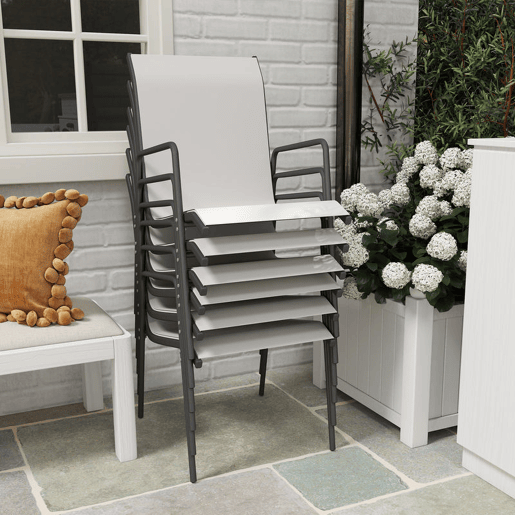 Outsunny Conjunto de 6 Cadeiras de Jardim Empilháveis Cadeiras de Exterior com Apoio de Braços Assento e Encosto em Malha Respiráveis Estrutura Metálica Resistente 51x69x87 cm Cinza